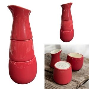 VTG Avon Red Ceramic Stacking Sugar, Creamer and Cinnamon Shaker Condiment Set